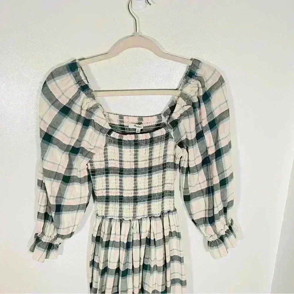 NWT Madewell Lucie Elbow-Sleeve Smocked Mini Dress Plaid